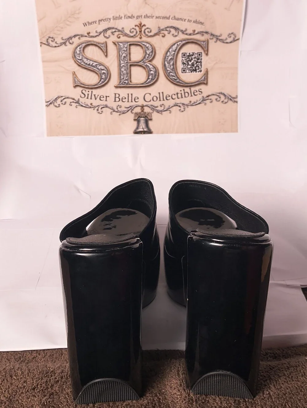 SIMMI London Black Patent Platform Wedge Peep Toe Mules Women's Size 10